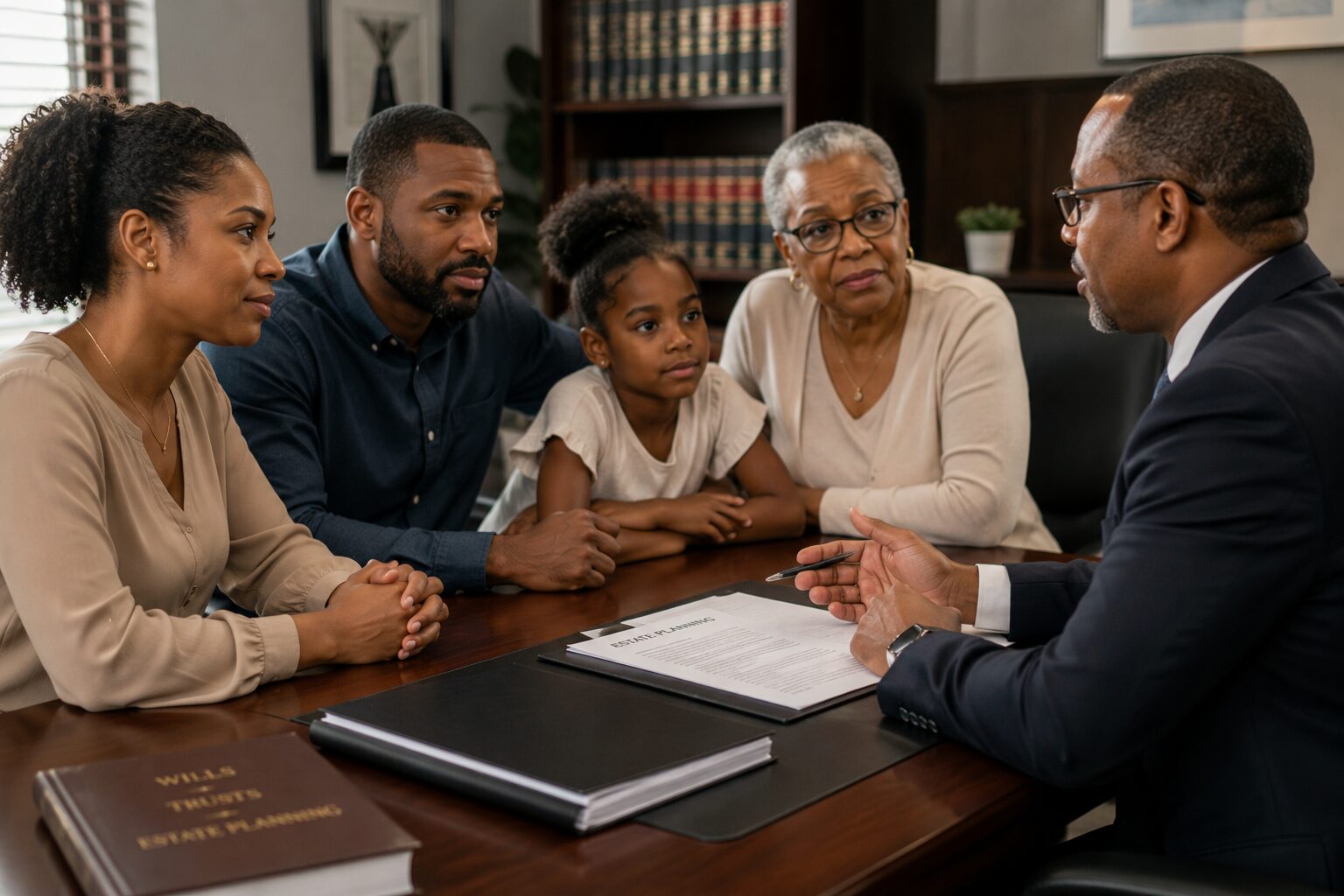 A family meeting their attorney about wills and estate planning