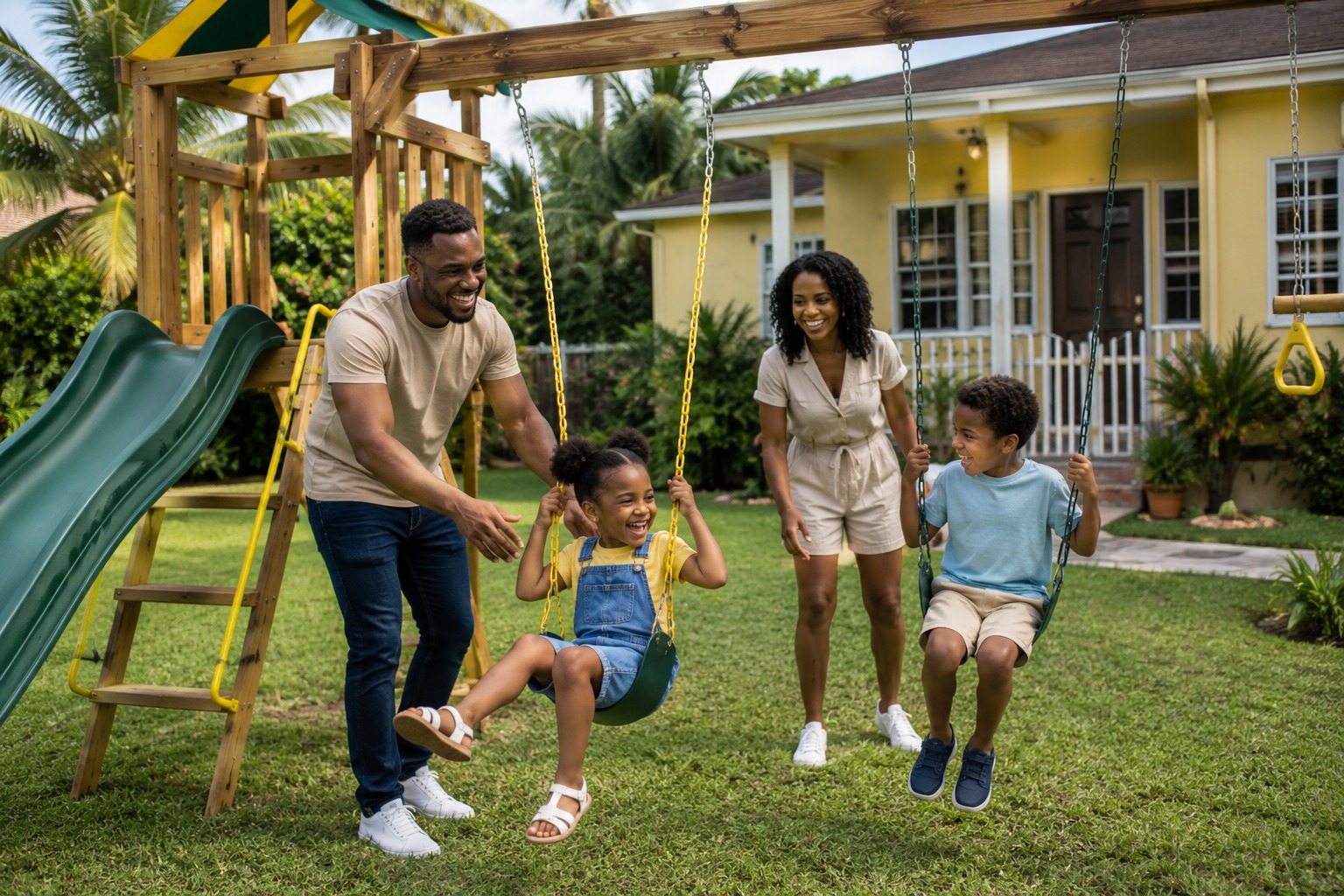 Agent handing keys to a young woman outside her new Jamaican property