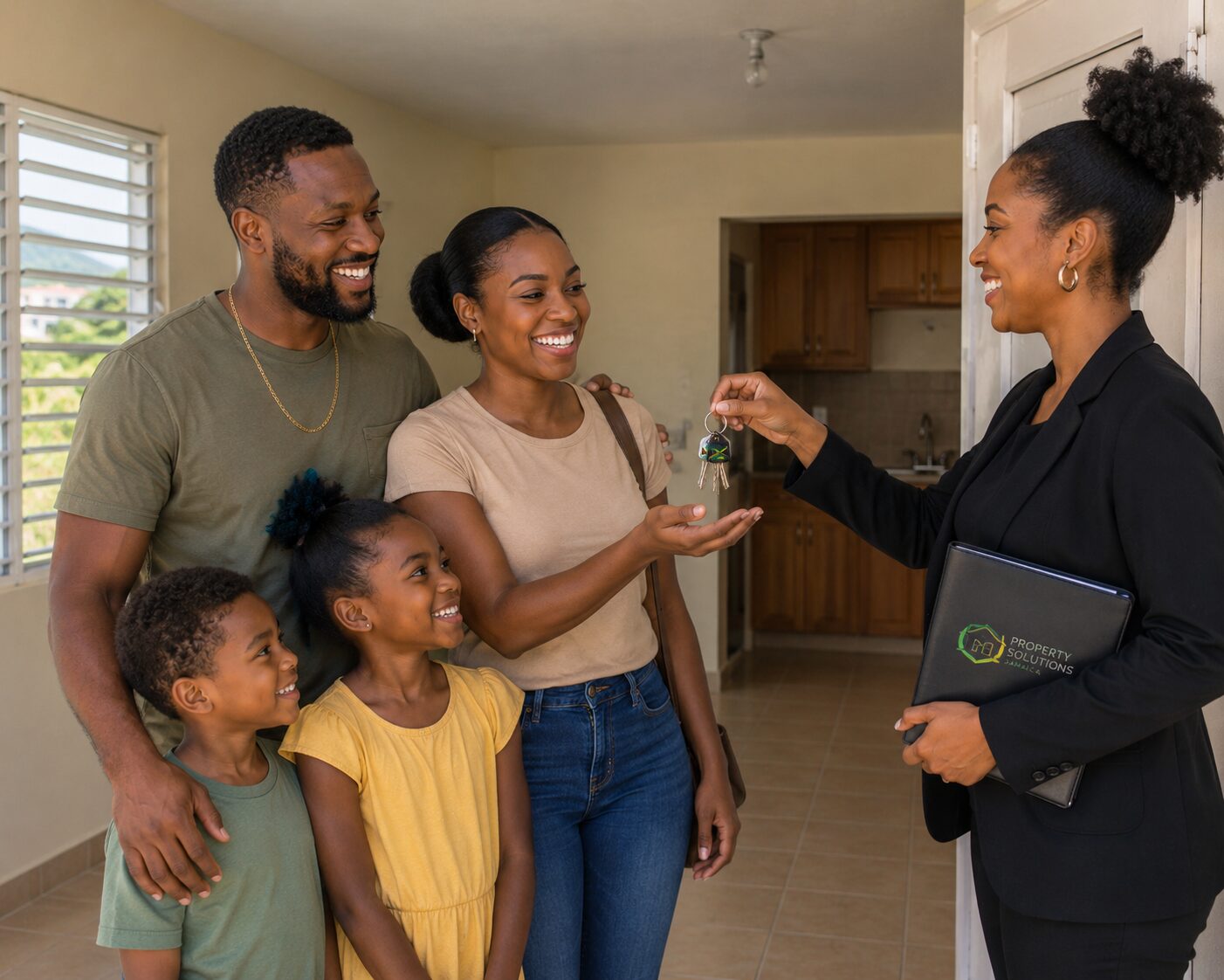 A Jamaican family receiving the keys to their new home